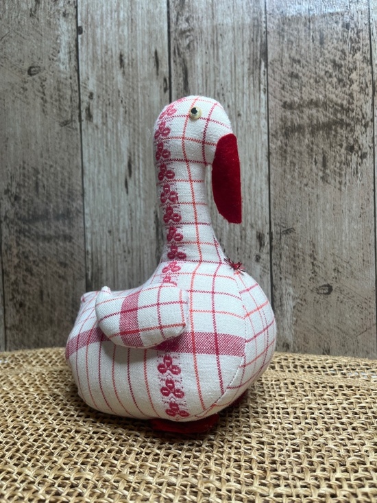 None Other - Vintage Red & White Plaid Goose Duck Fabric Plush Holiday Decor
